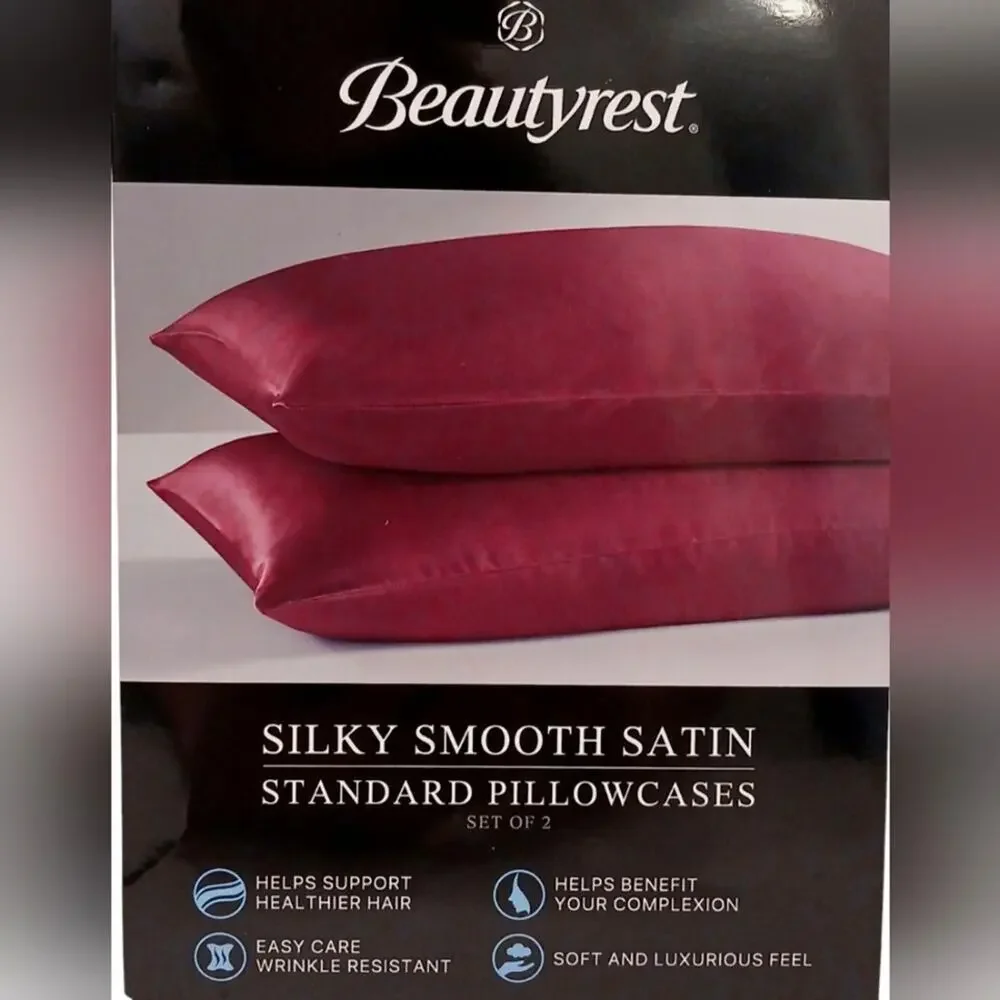 2 Pc Beautyrest STANDARD Satin Pillowcases Dark RED‎ Silky Therapeutic Hair Skin